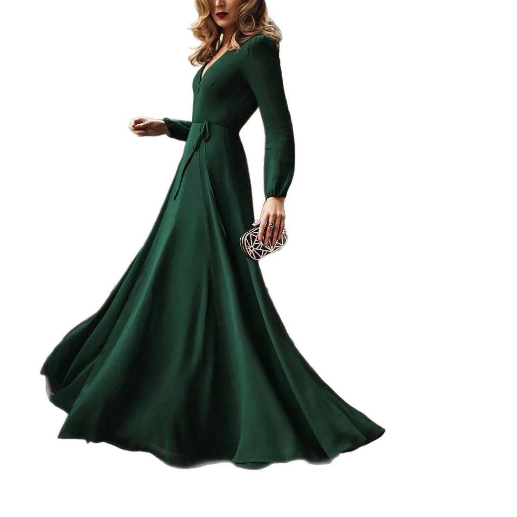 Europäisches & US-amerikanisches einfarbiges V-Ausschnitt Langarm Bindekleid für Damen