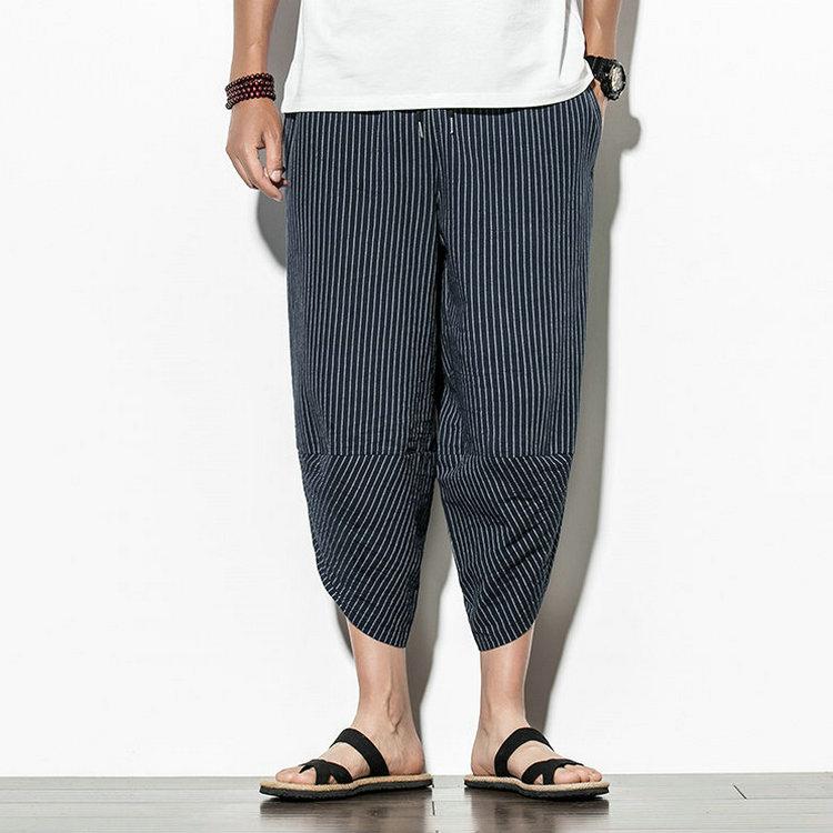 Harajuku Casual Wide Leg Harem Pants Men 2024 Summer Cotton Baggy Pants Striped Calf Length Trousers