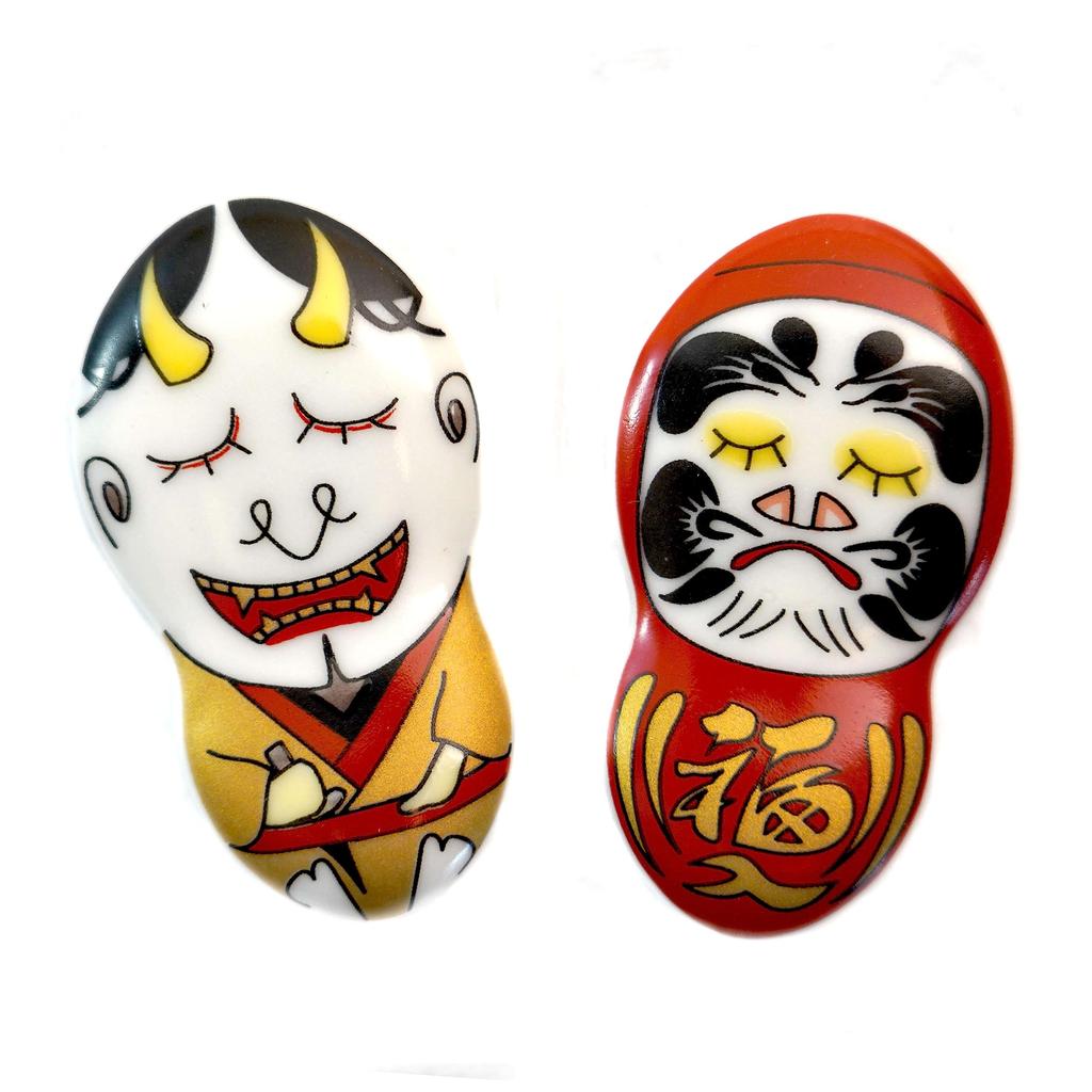 Tubbies Chopstick Rests Kutani Ware 2 Pieces Fun Amulet Set Hannya Daruma Pair