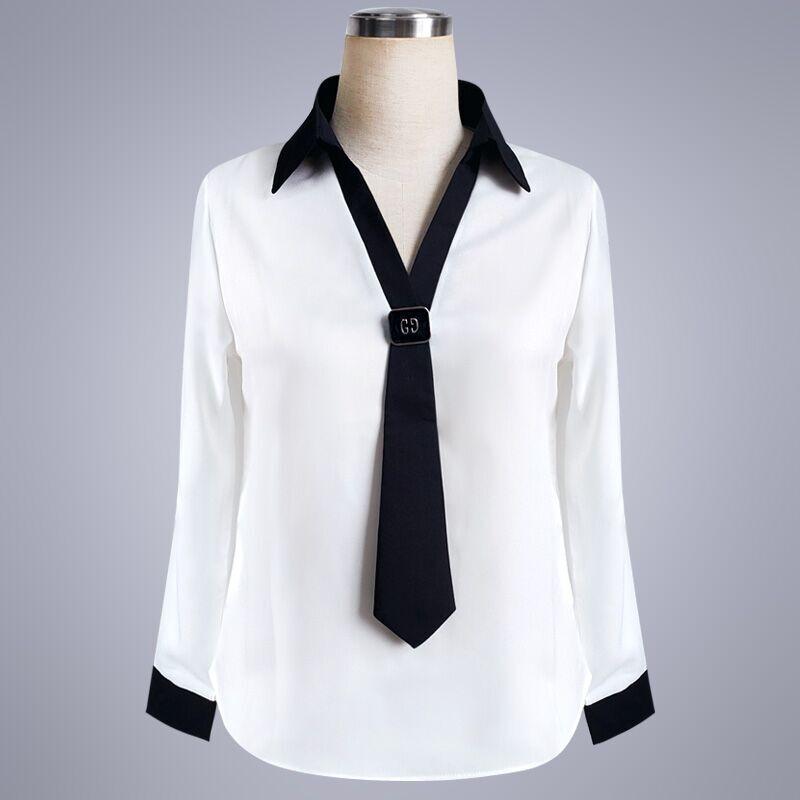 Summer Ladies Fashionable Casual Tie Decorated Long Sleeve Business Shirt