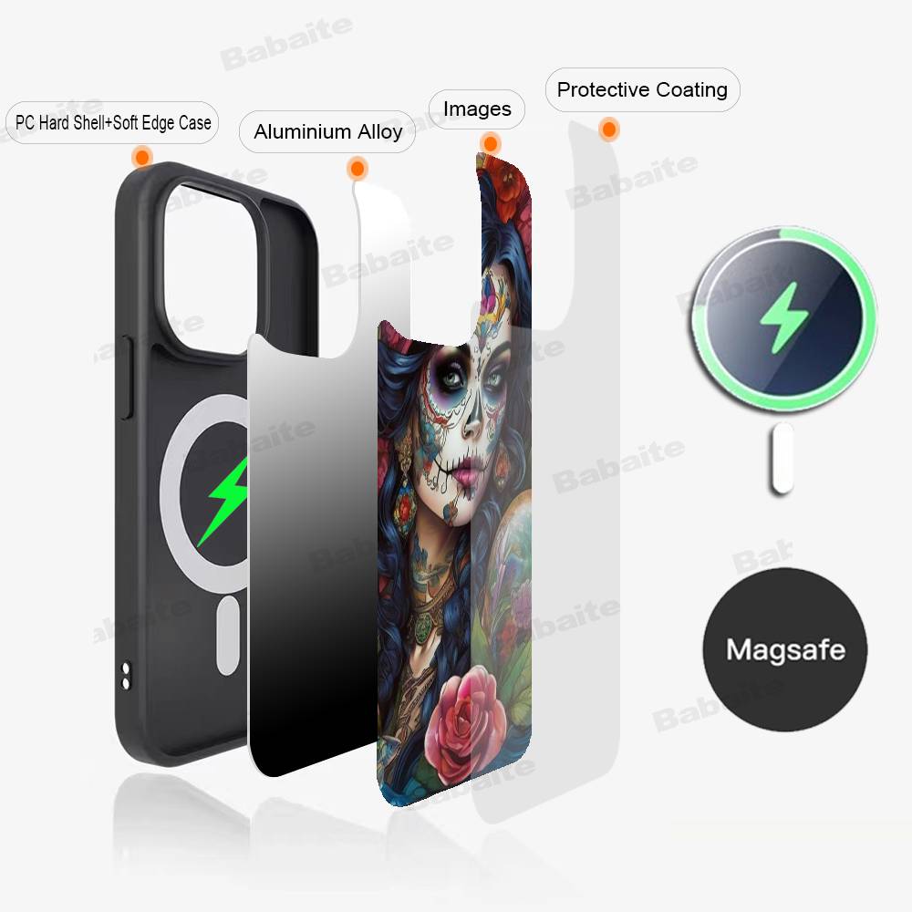 Catrina Beautiful Rose Girl Skull Phone Case Magnetic Case For iPhone 17 16 15 14 13 12 11 For Magsafe Wireless Charge Cover