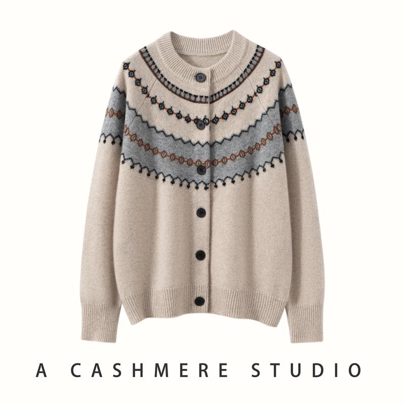 2025 Fall/Winter Striped Retro Women's Cashmere Sweater - Loose Round Neck Thick Cardigan with Long Sleeves
