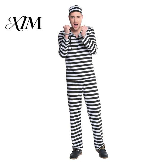 Uniform Więźnia Kostium Więźnia dla Dorosłych, Damska Mini Sukienka w Paski, Męska Góra Munduru Więziennego Spodnie, Kostium Halloweenowy z Kapeluszem i Mankietami Spodnie