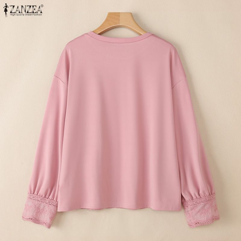 ZANZEA Women Casual Round Neck Loose Long Sleeve Splice Sweatshirt