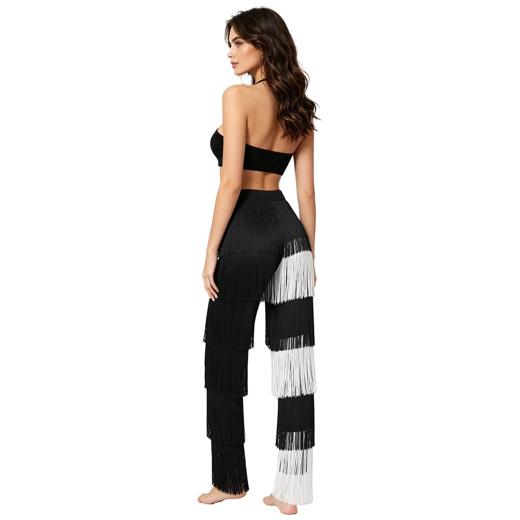 S-3XL Women Latin Dance Tassel Set Lace Up Halter Gold Trim Crop Top with Elastic Waist Contrast Color Pants for Performance