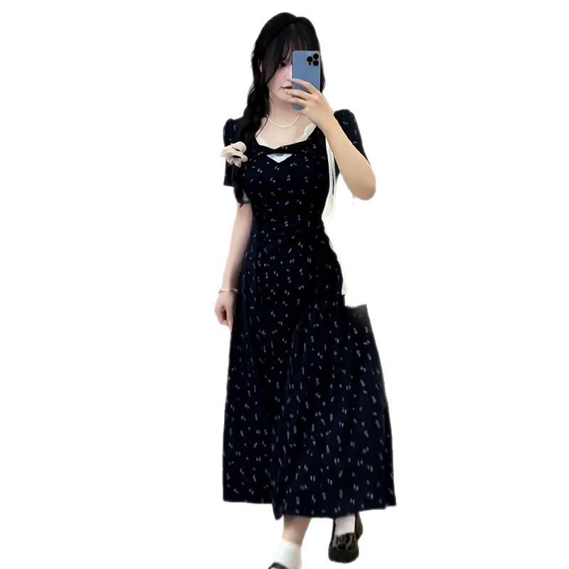 Big French retro floral dress for women's summer fat mm showing thin waist temperament high-end lace skirt