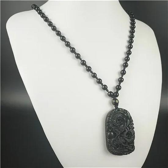 Certified Chinese Natural Black Green Jade Dragon Pendant Beads Necklace Charm Jewelry Obsidian Carved Amulet Gifts for Men