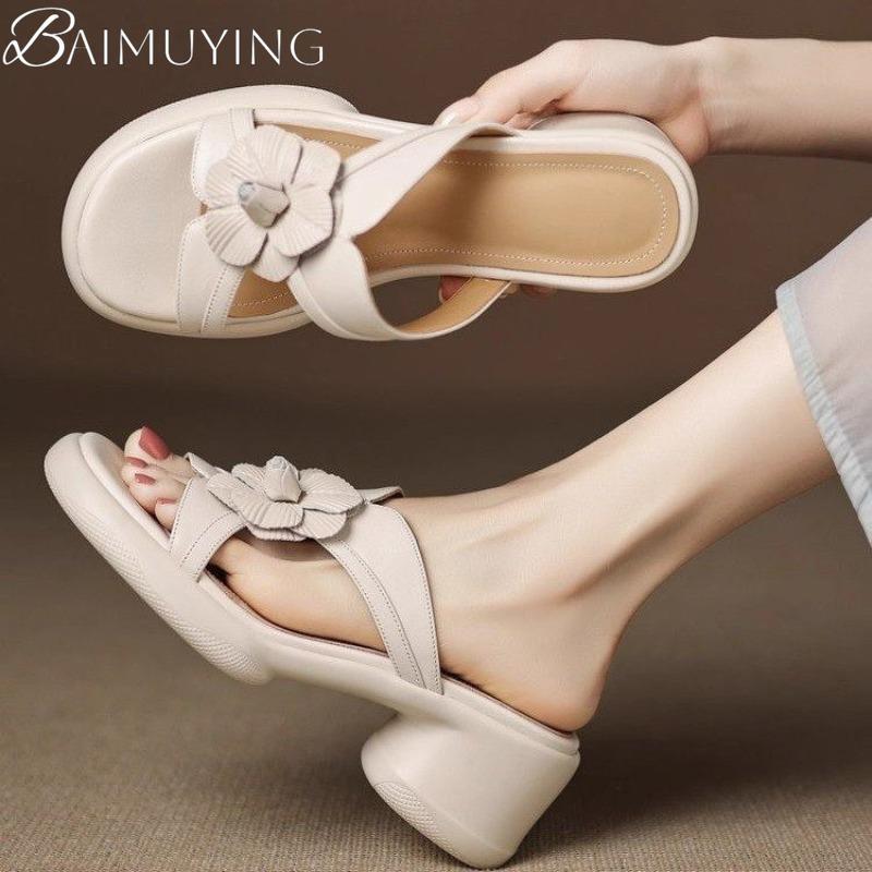 Fashion Women Slippers Flower Heeled Sandals New Summer Shoes Fashion 2025 Designer Chunky Dress Party Woman Pumps Slingabck Sandalias