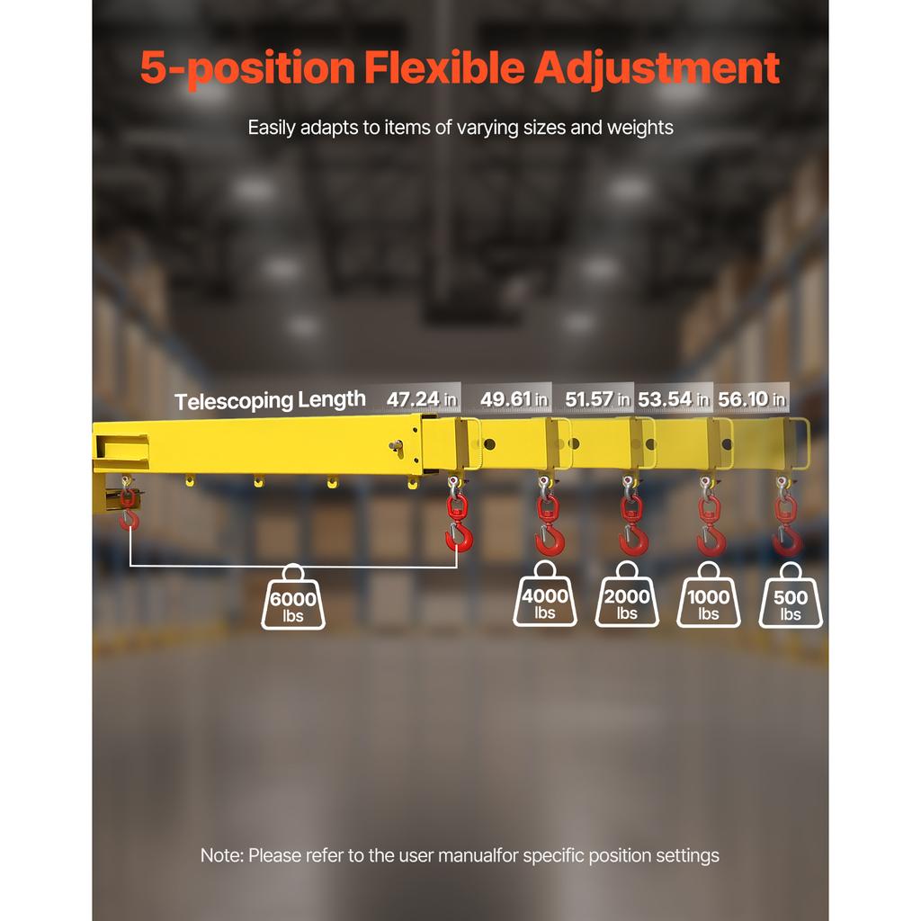 SucceBuy 6000lbs Adjustable Forklift Jib Boom Crane Manual Telescoping Boom Extends Up to 56.1 in Mobile Crane for Warehouse
