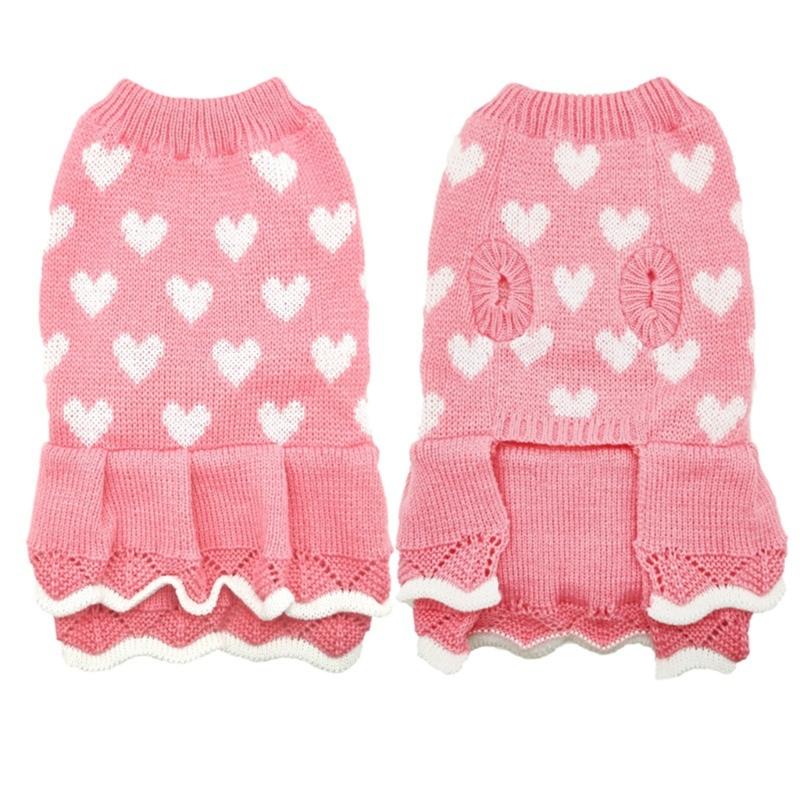 Valentines Day Pet Sweater Dress for Small Dogs All Size Cats Heart Pattern Designs Knitdress Turtleneck Knitwear