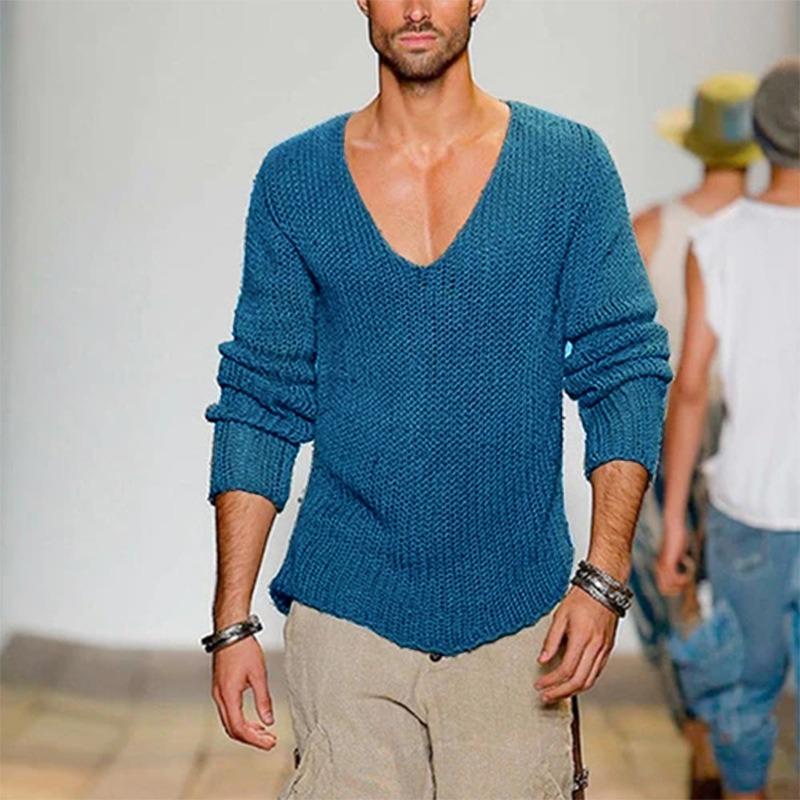 Maglione Pullover Casual da Uomo con Scollo a V Profondo, Manica Lunga, in Maglia, Colore Unito, Vestibilità Larga per Autunno Inverno