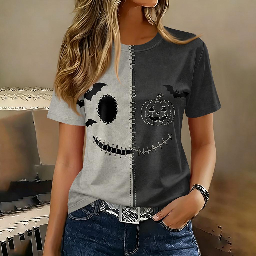 Women Casual Short Sleeve Pullover T Shirt Halloween Print Top Crew Neck Stitch Design Lightweight Soft Fabric Relaxed Fit