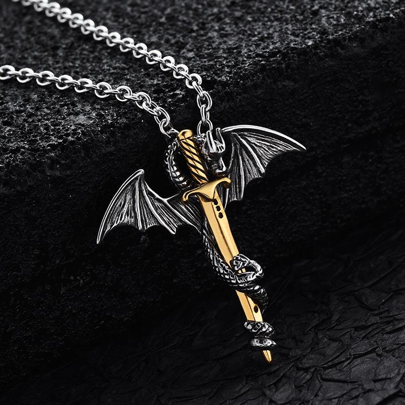 Collier Pendentif Homme Rétro Deux Couleurs Épée Dragon Aile Hip Hop Ailes