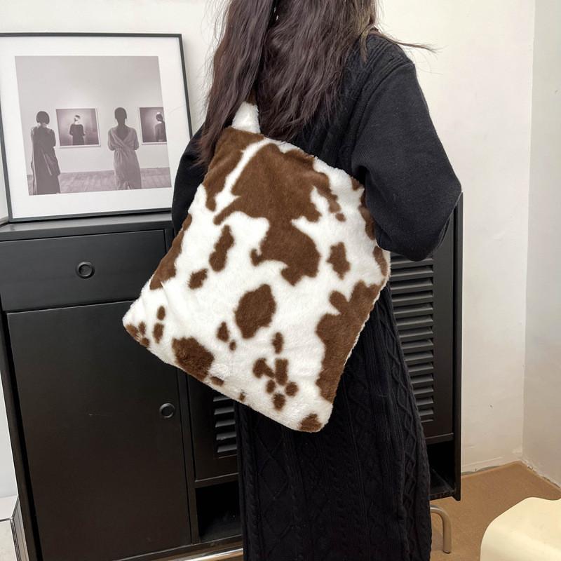 Fashionable Plush Handheld Tote Bag For Women With Luxury Cow Print And Soft Material
