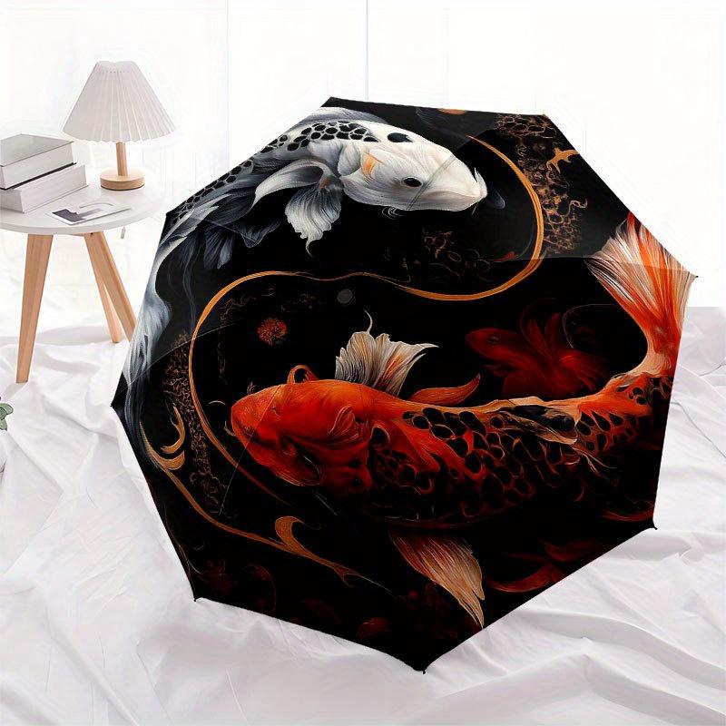 Yin Yang Koi Fish Circular Wall Art Decor Umbrella, Cute Umbrella with Cute Design, Portable 3-Fold Compact Umbrella for Men & Women, Valentine's Day