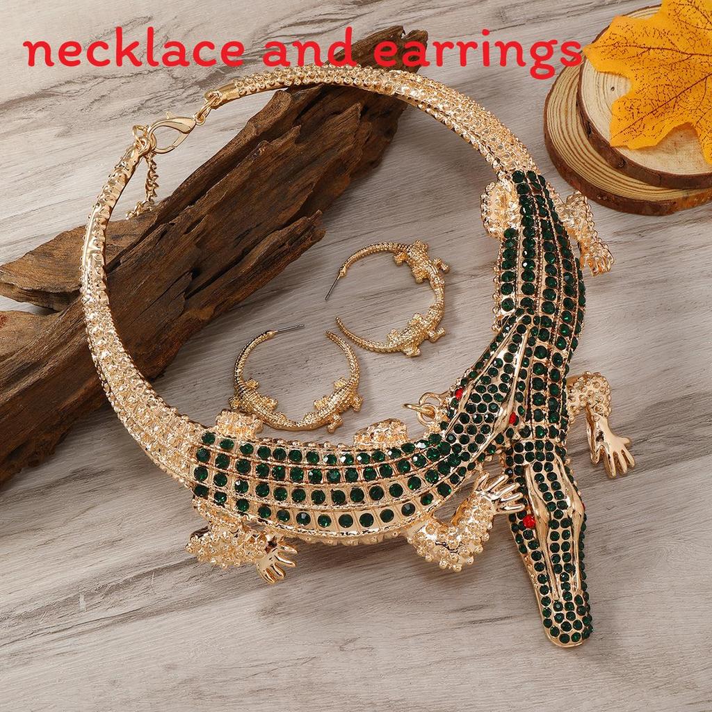 Rhinestone Creative Decoration Crocodile Design Women Necklace And Set Earring