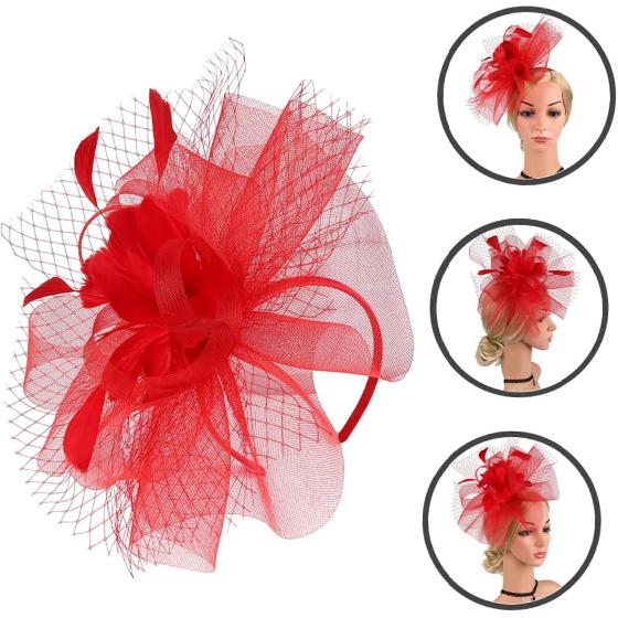 FOMIYES Red Mesh Fascinator Headband and Hair Clip, Cocktail Tea Party Hat for Women, Wedding and Special Occasion Accessories