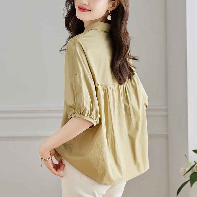 Khaki Shirt for Women In Five-quarter Sleeve Summer New Design Niche Fat Mm Loose Cotton Top