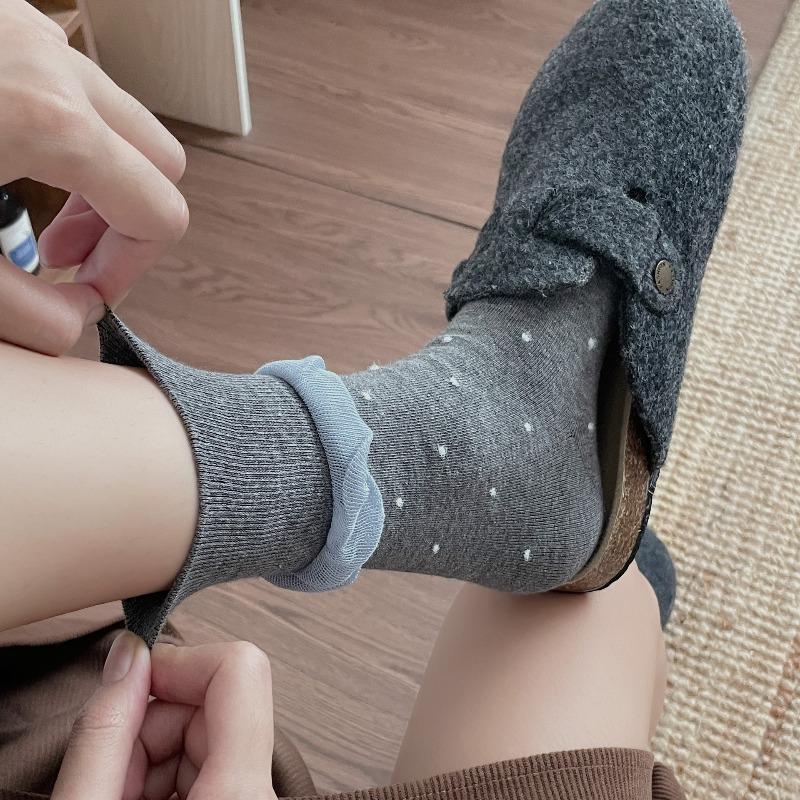 Autumn and Winter Personalized Retro Style Socks, Women's Bubble Lace, Flocked Polka Dot Pile Socks, Pure Cotton Boneless Mid-calf Socks