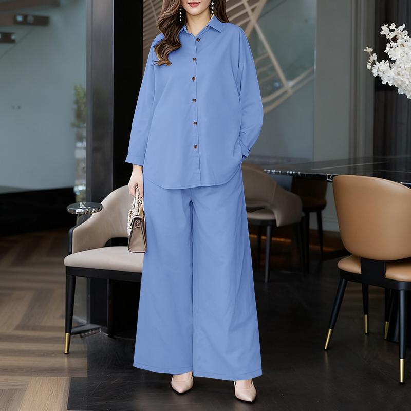 

Жіноча блуза з довгим рукавом і брюки ZANZEA повсякденного костюма з двох предметів 5XL синій