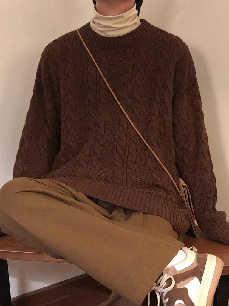 Men's Retro Japanese Cable Knit Sweater - Autumn/Winter Loose Fit, Round Neck Stylish Knitwear