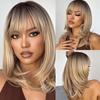 ALAN EATON Medium Length Brown Layered Synthetic Wig Ombre Straight Wigs with Bangs for Women Daily Use Soft Heat Resistant Hair