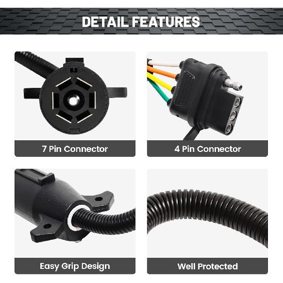 Oyviny 7 Way To 4 Way Trailer Plug Adapter, RV Blade 7 Pin Round To 4 Pin Flat Trailer Light Adapter 11.6 Inches