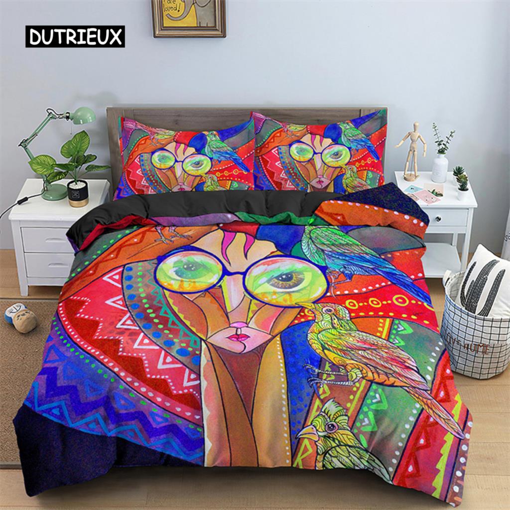 Abstrakte menschliche Gesichter Bettbezug Twin Full King Double Mikrofaser Mystische Kunstwerk Bettbezug Psychedelische Graffiti Bettwäscheset