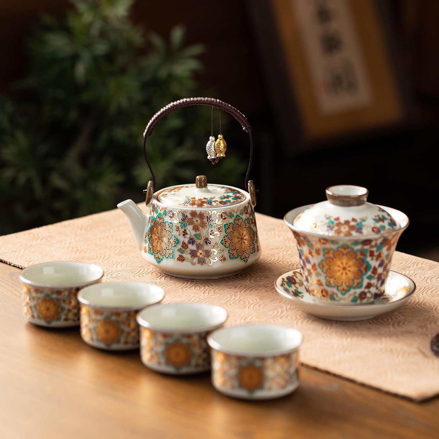 Enamel Cloisonné Teacup Set with Ceramic Teapot - High-End Kung Fu Gift Set