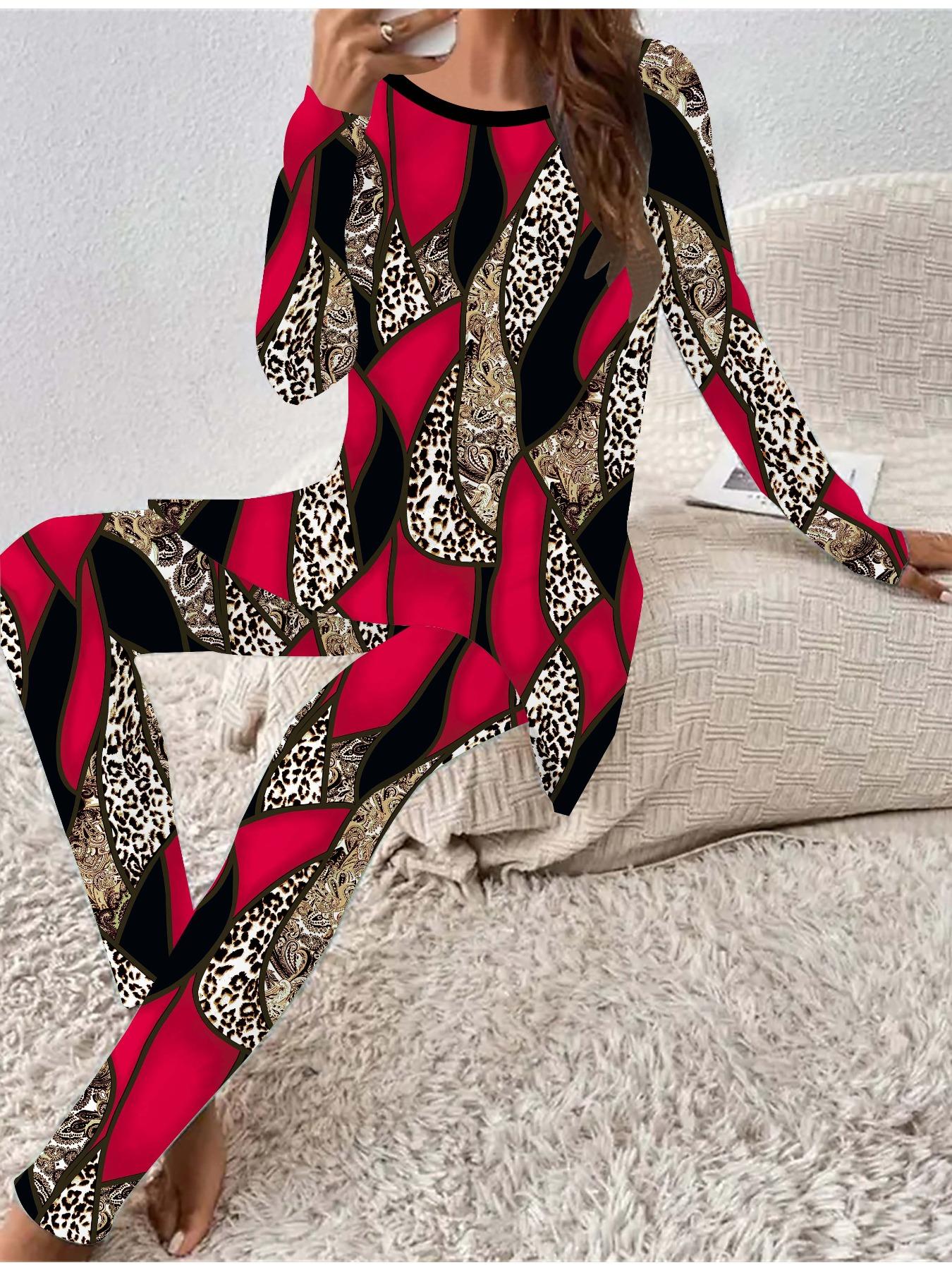 

Euro-American Fashion 3D Retro Printed Women s Four-season Long-sleeved T-shirt + Long Pants Two-piece Set. Perfect Gift for New Year & Christmas 8XL червоний