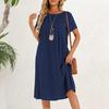 Damekjole Rund hals Kort erme Knelengde Ensfarget Kjole med Lommer Løs passform Sommerkjole