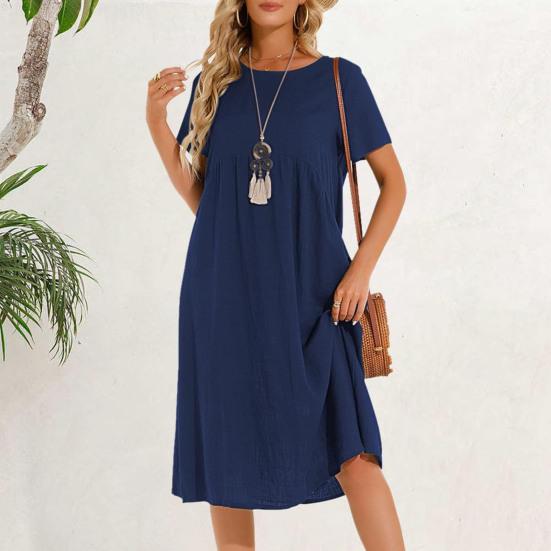 Dámské šaty Kulatý výstřih Krátký rukáv Ke kolenům Jednobarevné šaty s kapsami Volný střih Letní šaty