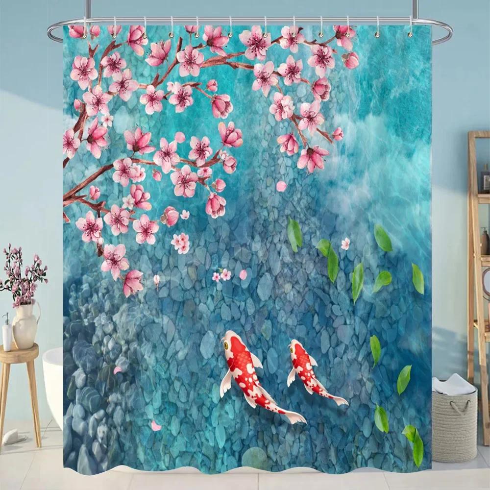 Beautiful Plant Flower Shower Curtain Eucalyptus Leaf Cherry Blossom Scenery Cat Butterfly Polyester Bath Curtain Bathroom Decor