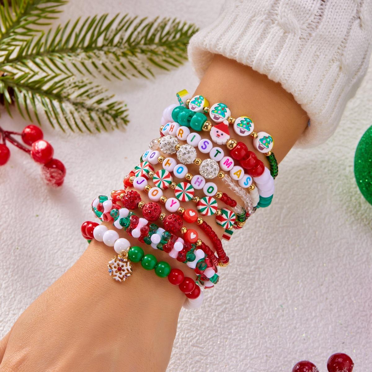 

10Pcs/Set Christmas Snowman Heart Tree Gift Box Snowflake Santa Claus Soft Clay Beaded Multilayer Bracelet For Women Men Jewelry