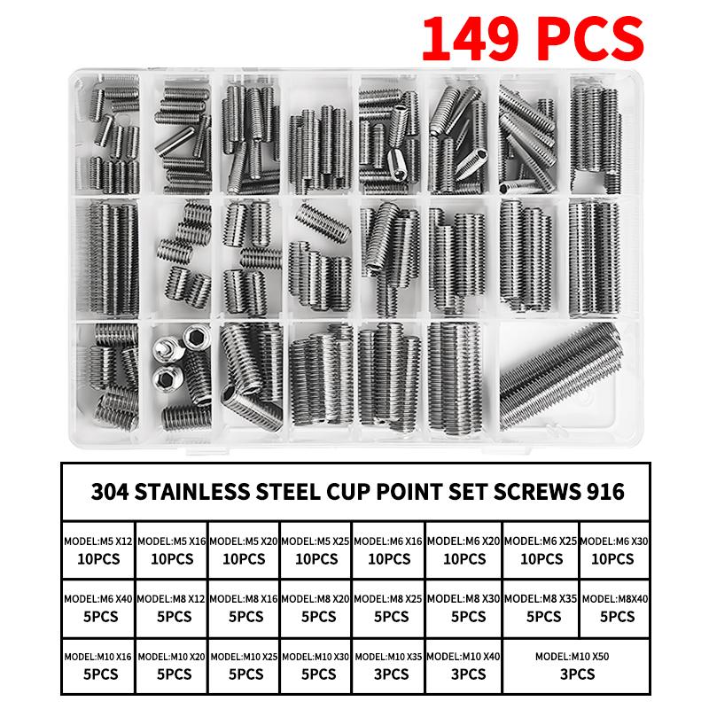304 Stainless Steel Cup Point Set Screws Kit, Hex Socket Allen Key Grub Screws Assortment , M3 M4 M5 M6 M8 M10 Sizes, DIN 916