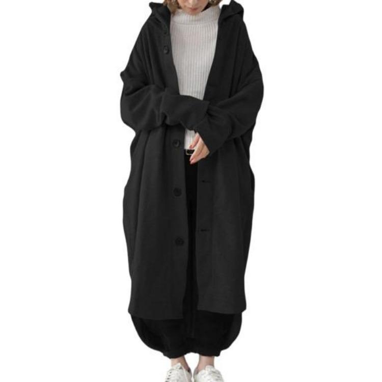 Winter Women Long Sleeve Trench Coat Ankle Length Hooded Single Breasted Thick Pockets Solid Color Irregular Hem Casual Outdoor Jacket