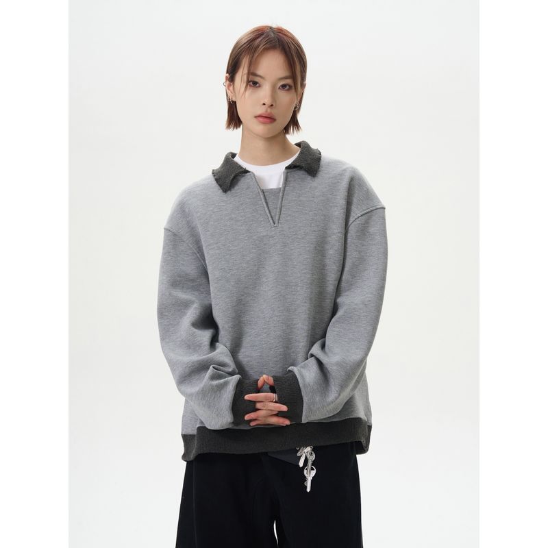 Kisko High-End Retro Patchwork Color-Block V-Neck Pullover Sweatshirt for Men and Women, Simple Casual Cleanfit Top Trendy