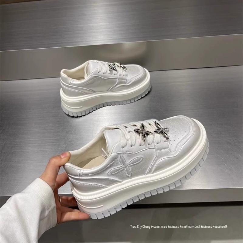 Women's Rhinestone Platform White Sneakers - Thick-Soled, Versatile Height-Increasing, Round-Toe Casual Shoes for Spring 2025.