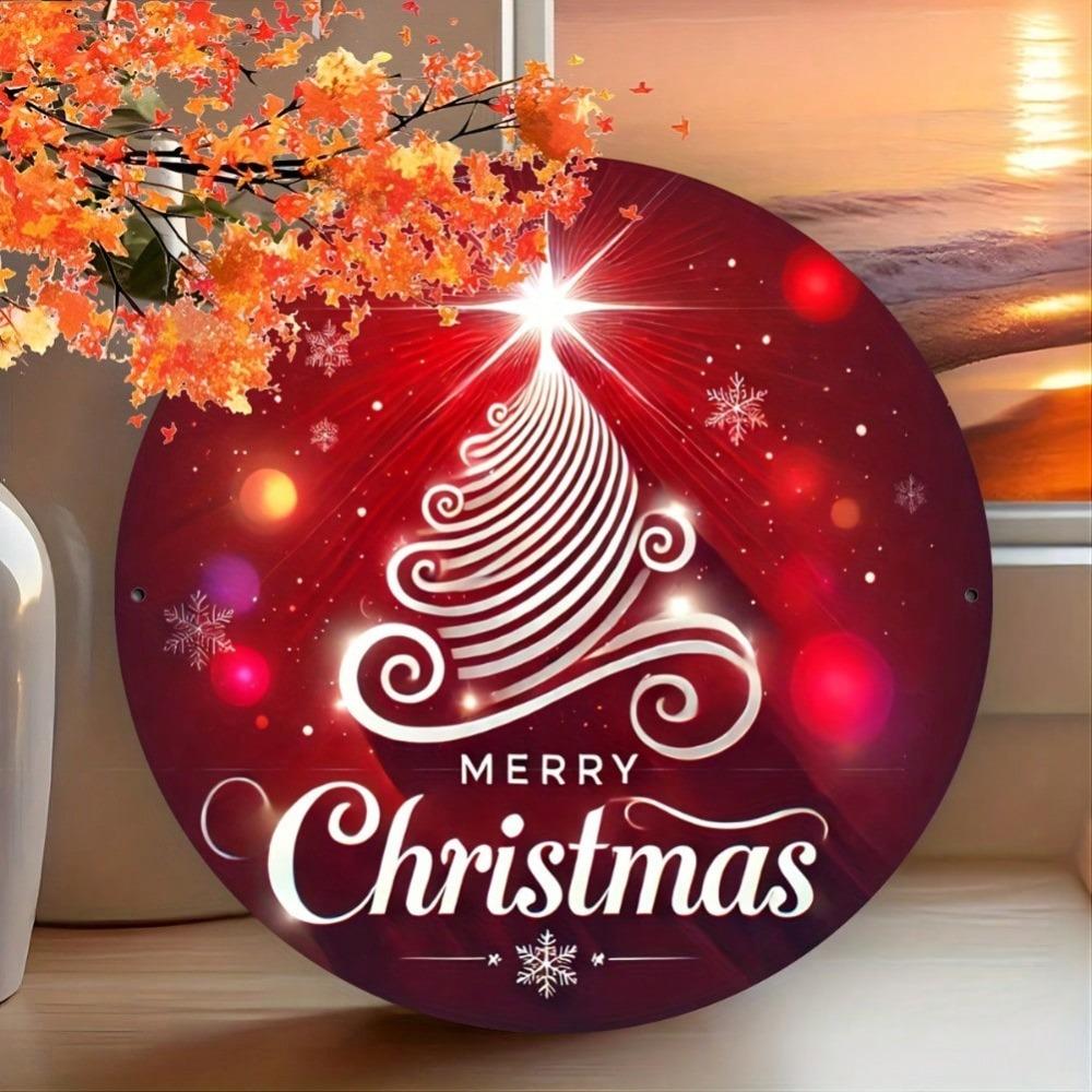 Christmas Round Metal Tin Sign Vintage Wreath Wall Art Holiday Decoration Gift 8 Inch