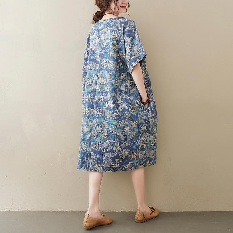 Summer Loose Artistic Retro Printed Cotton Linen Short Sleeved Dress for Women Covering The Flesh Showing Off Thinness Casual Dresses