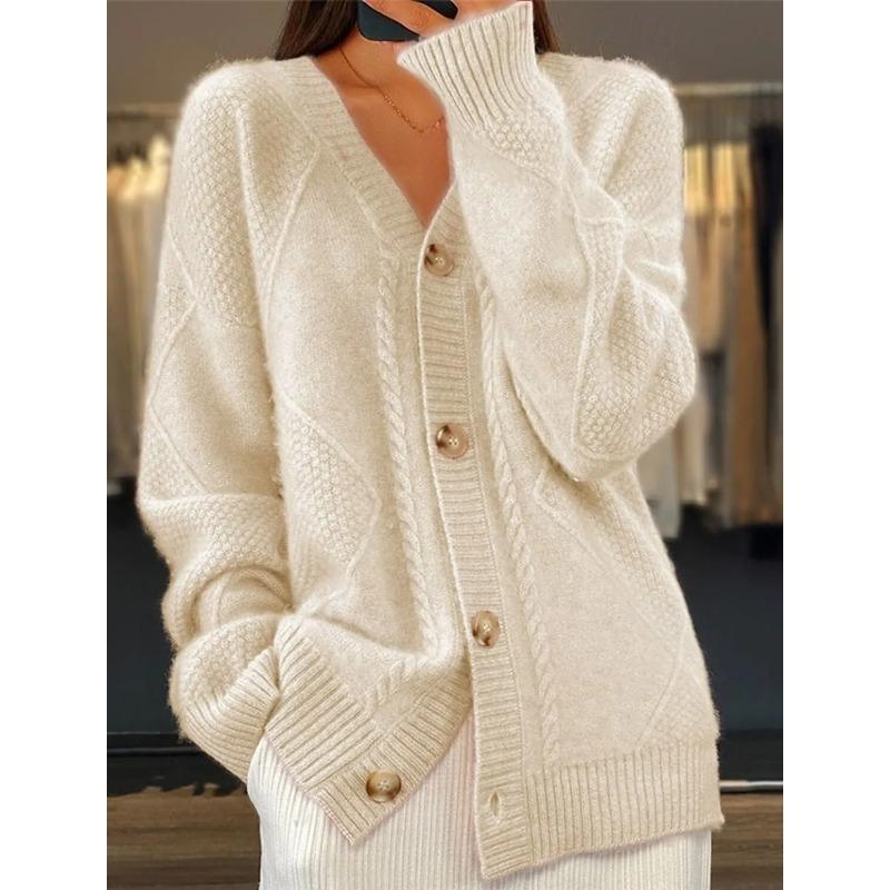Damen V-Ausschnitt Zopfmuster Cardigan Flauschig Weich Langarm Knopfleiste Locker Lässig Herbst Winter Taschen Pullover Mantel