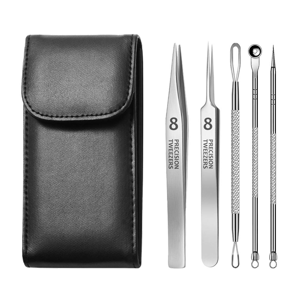 AioBos Blackhead Blackhead Acne Fine Tip Precision Flat Tip Tweezers Blackheads and Other Skin Pore Instruction Manual Leather Storage Set Remover,