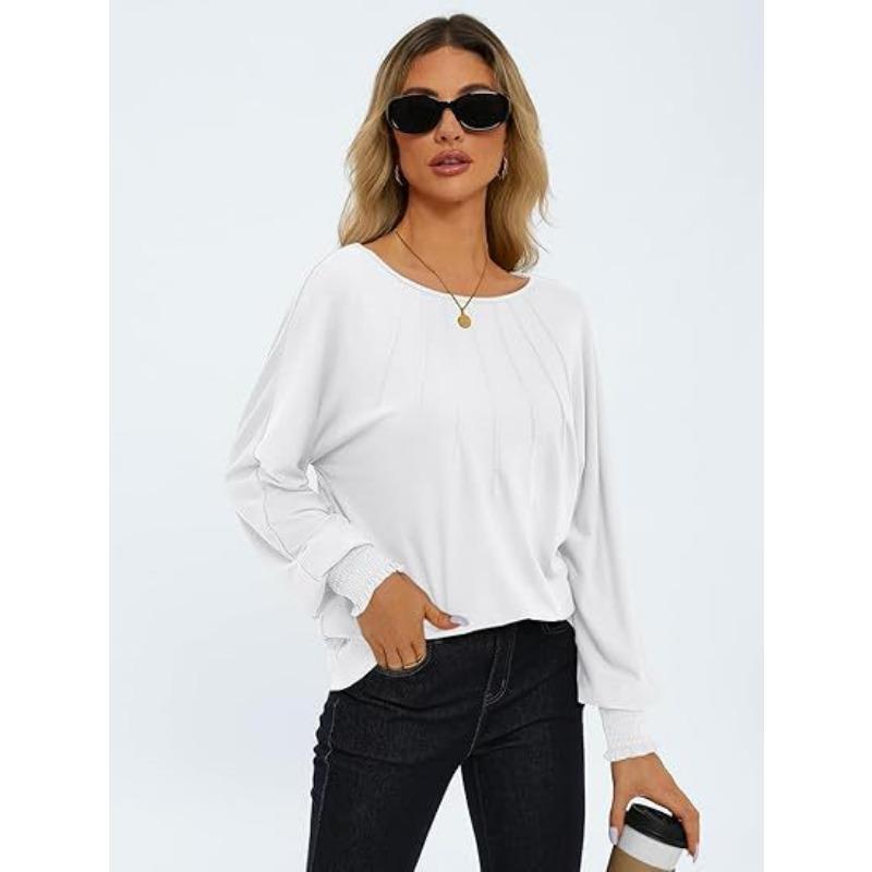 Autumn and Winter Women's Blouse Round Neck Pleated Long Sleeve Casual Tops