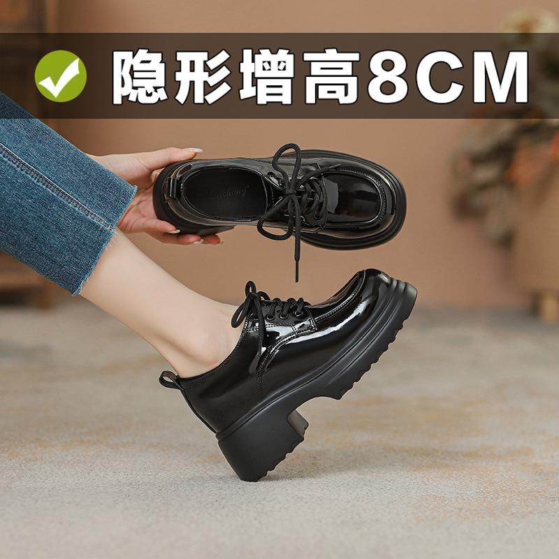 Women Inner Height Increasing Leather Shoes 8CM Hidden Heel Platform Lace Up Loafers Spring New Arrival