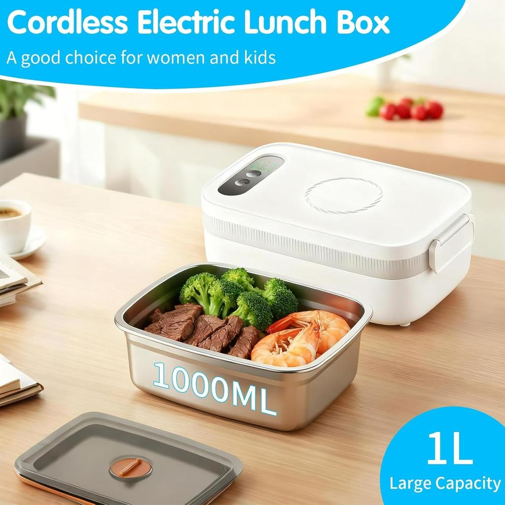 Kabellose elektrische Lunchbox für Erwachsene, 1L wiederaufladbare beheizbare Lunchbox mit Timer, Auto-Speisenwärmer und tragbarer Heiz-Speisenwärmer Lunchboxen