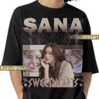 CAMISETA SANA TWICE, Camiseta Personalizada Sana, Sana Minatozaki Vintage Retro Años 80 Divertida Merchandising para Fans, Camisetas Rap Bootleg de Concierto de Sana, Grupo Femenino Kpop Twice
