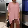 Women Casual V Neck 3/4 Sleeve Webbing Patchwork Irregular Tunic Tops Blouse