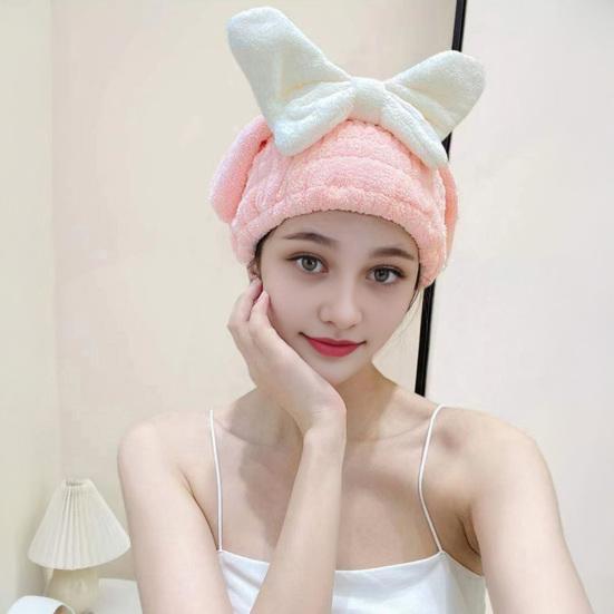 Absorbent Hair Drying Cap Quick Dry Microfiber Hair Towel Wrap Shower Cap Wet Hair Drying Turban with Bow Tie for Women Girls