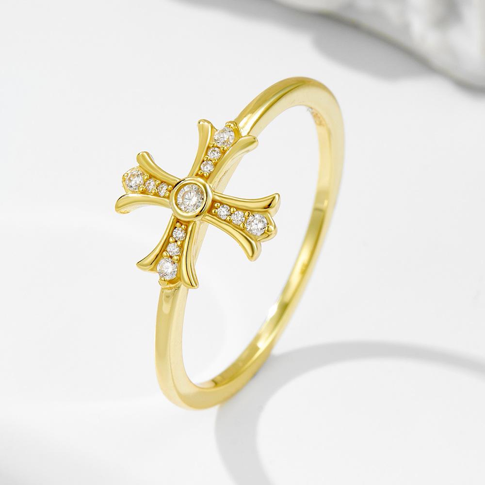 Luxury S925 Sterling Silver Cubic Zirconia Cross Ring for Women 14K Gold Plating Flower Cross Inlay Zircon Finger Rings