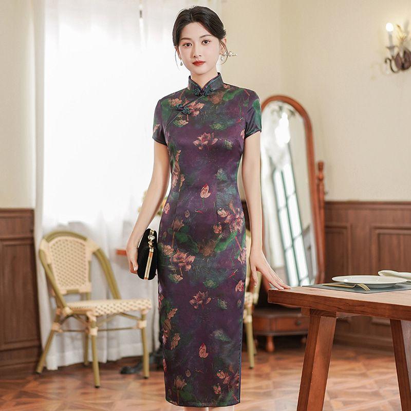 Printed Standing Neck Long Skirt Qipao Print Stand-up Collar Slim Fit Long Dress Cheongsam Women